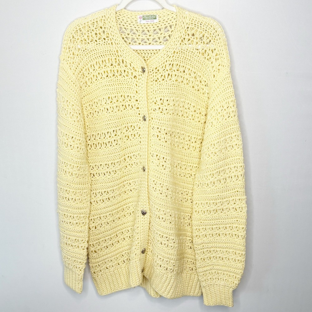 Hand Knit Crochet Cardigan Sweater Yellow Heart Buttons Longline Oversized